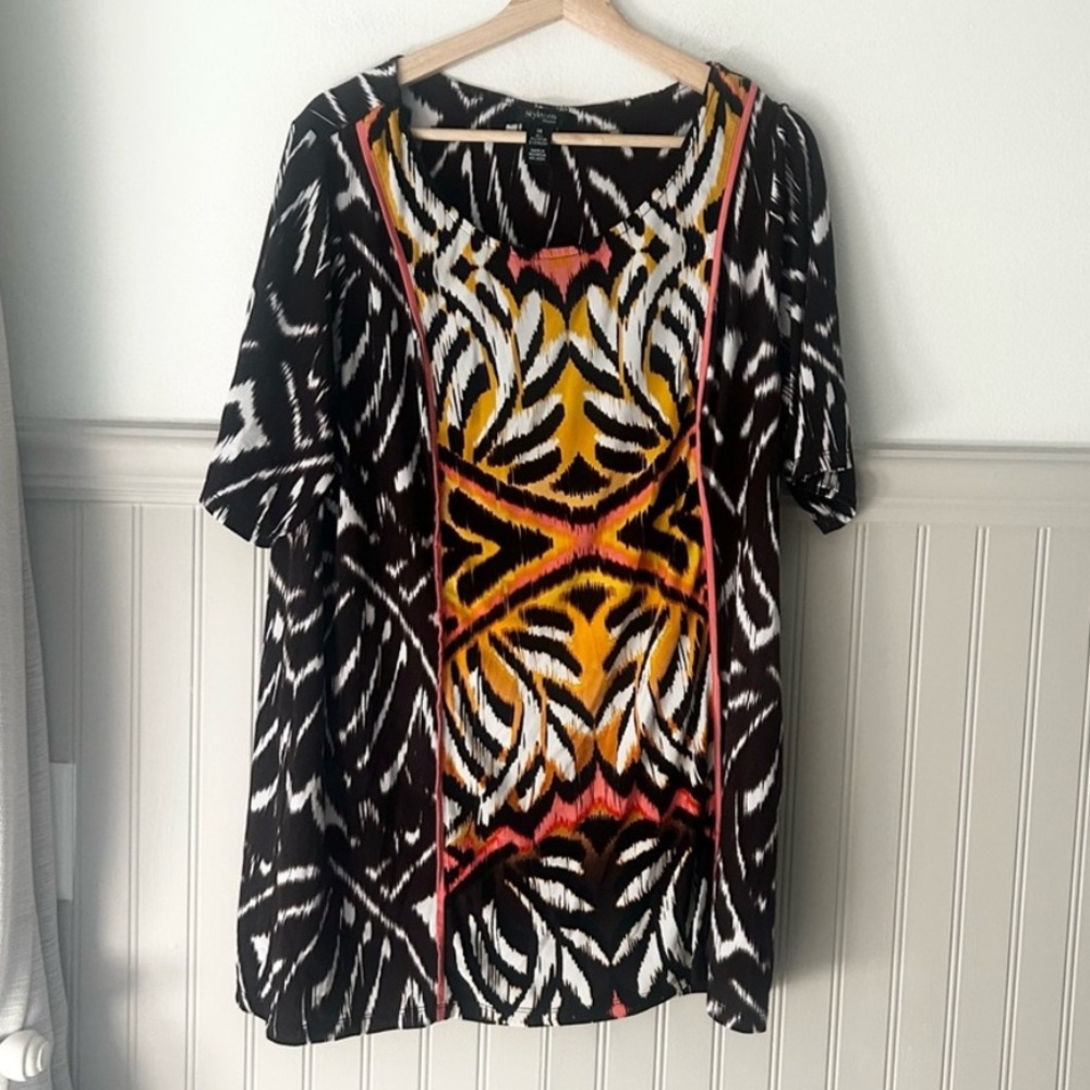 Style & Co 1X Tribal Print Tunic Black White Orange Yellow Top